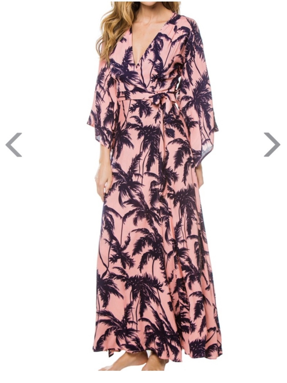 XIX Palms Pink and Navy Palm Tree Kimono Robe Maxi Dress